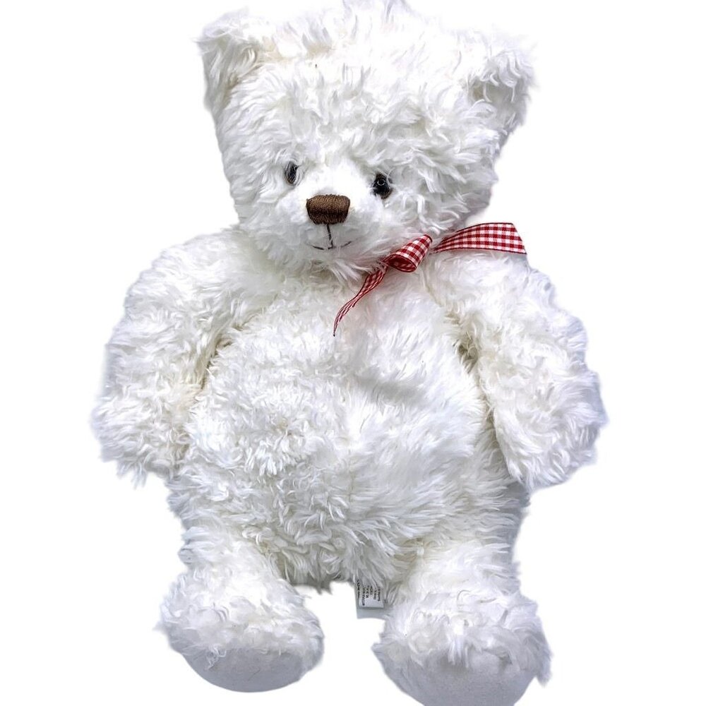Hallmark White Shaggy Soft Teddy Bear Plush Gingham Bow Stuffed Animal Toy 15"